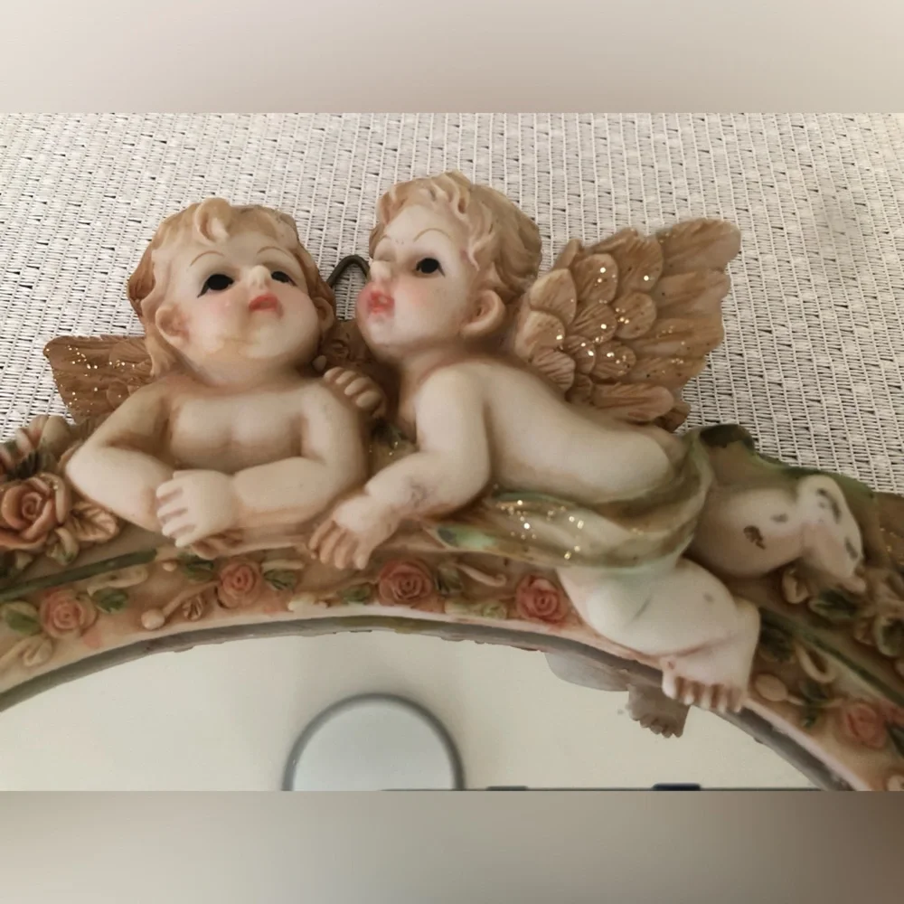 Angel-Themed Wall Mirror with Floral Accents